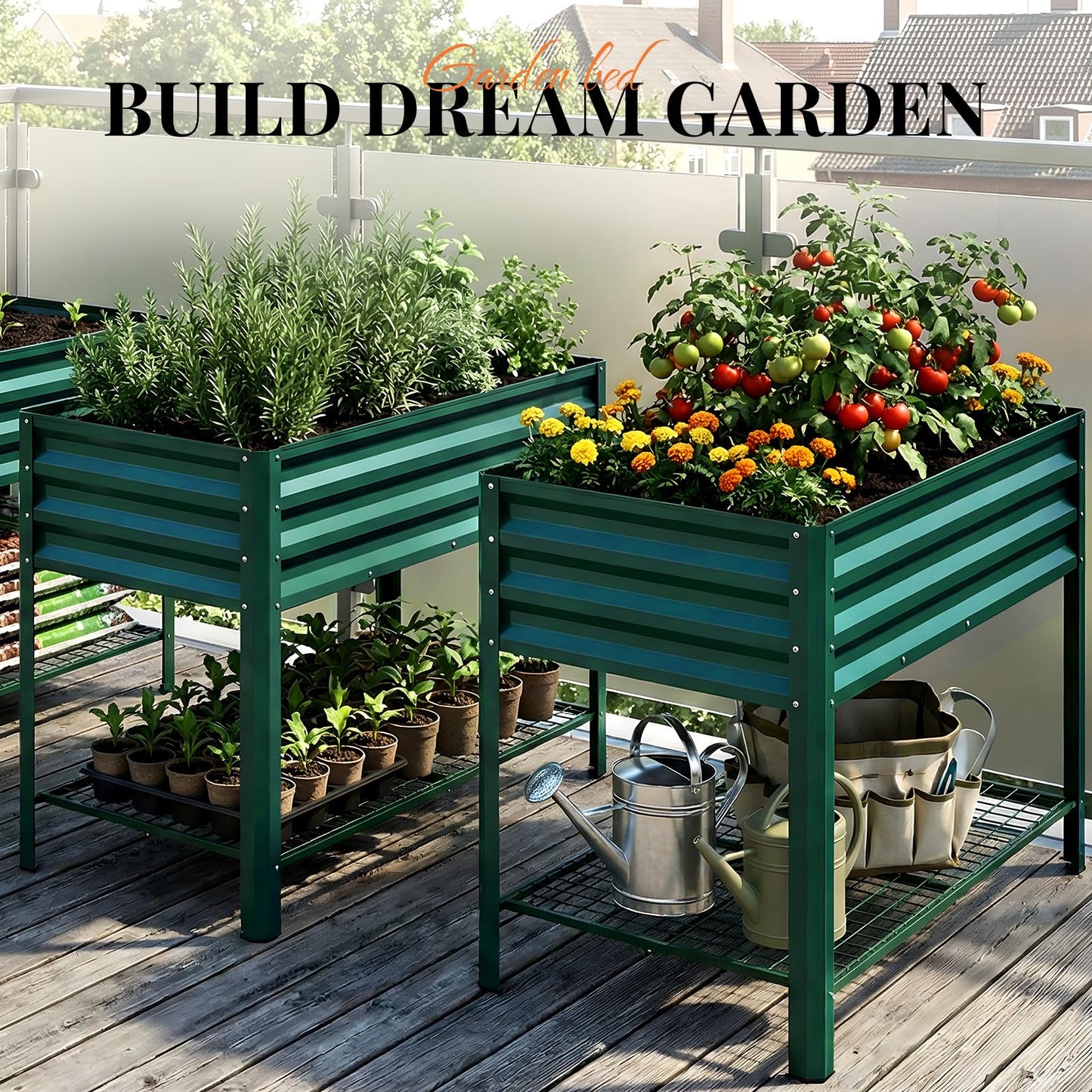 KING BIRD Large Raised Garden Bed with Legs & Storage Shelf Galvanized Elevated Planter Box for Backyard, Patio, Balcony, 400lb Capacity, Green 48×24×31.5 in