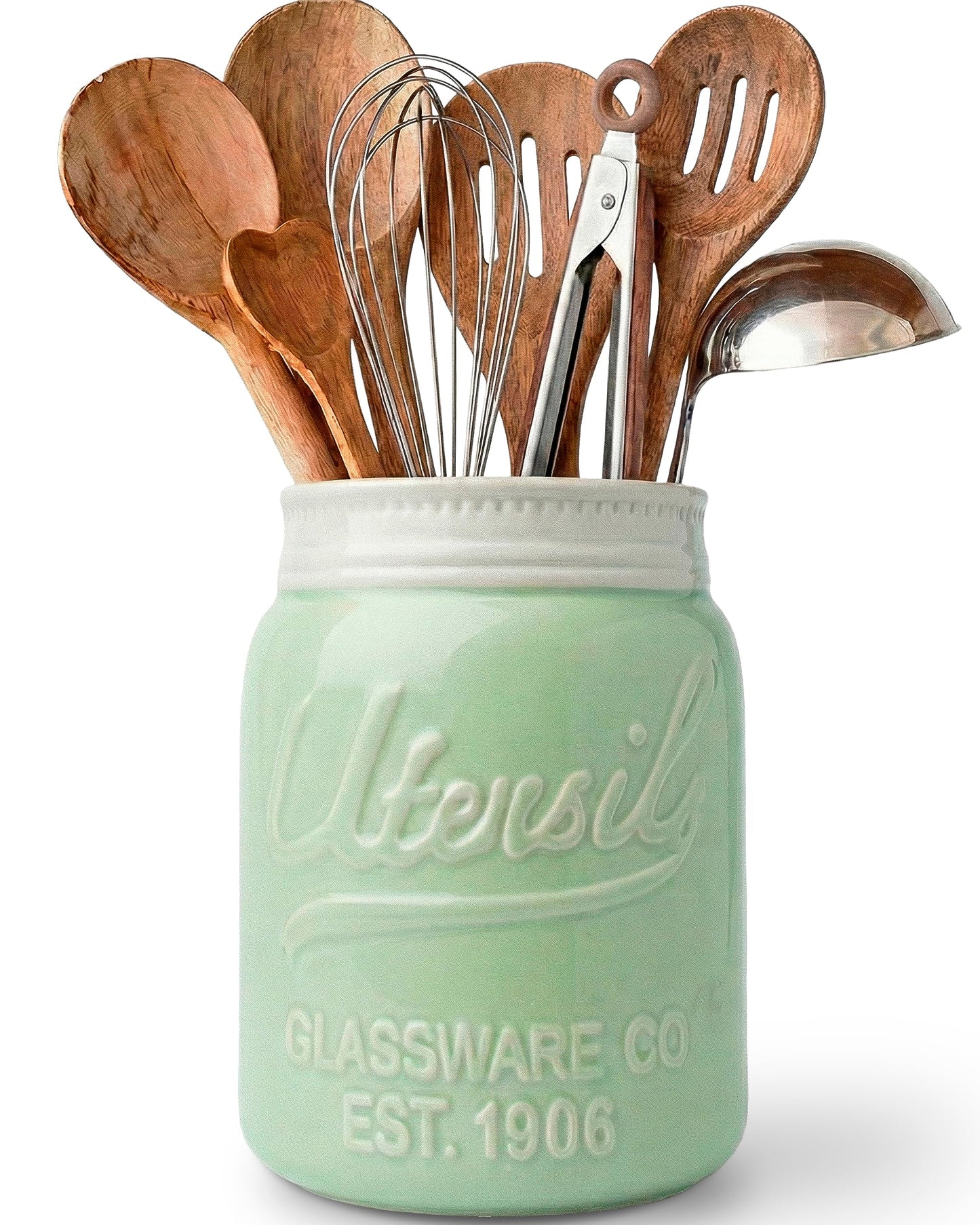 Comfify Green Mason Jar Utensil Holder – Wide Mouth Ceramic – Farmhouse