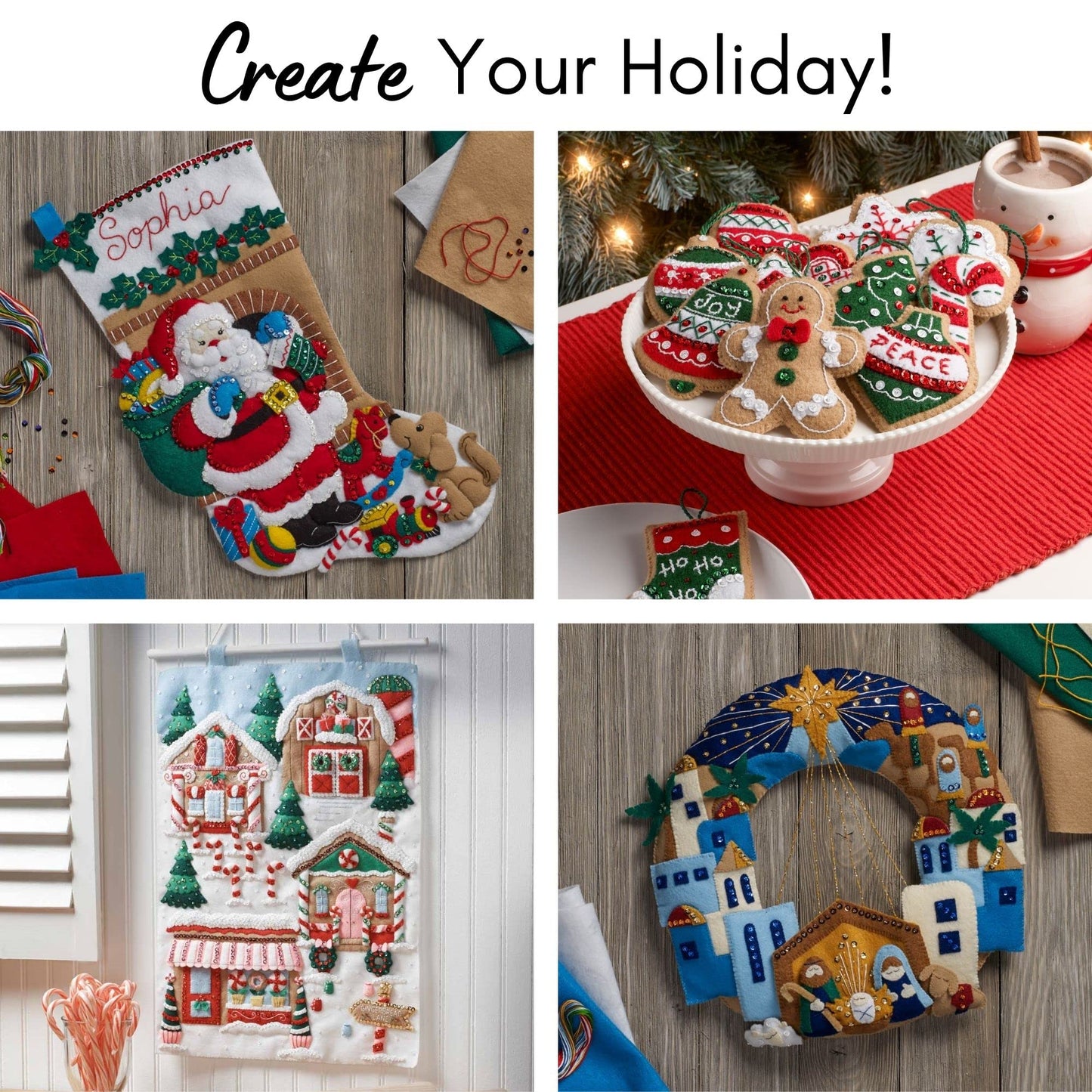 Bucilla Felt Applique 18" Stocking Making Kit, Sledding with Santa, Perfect for DIY Arts and Crafts, 89477E