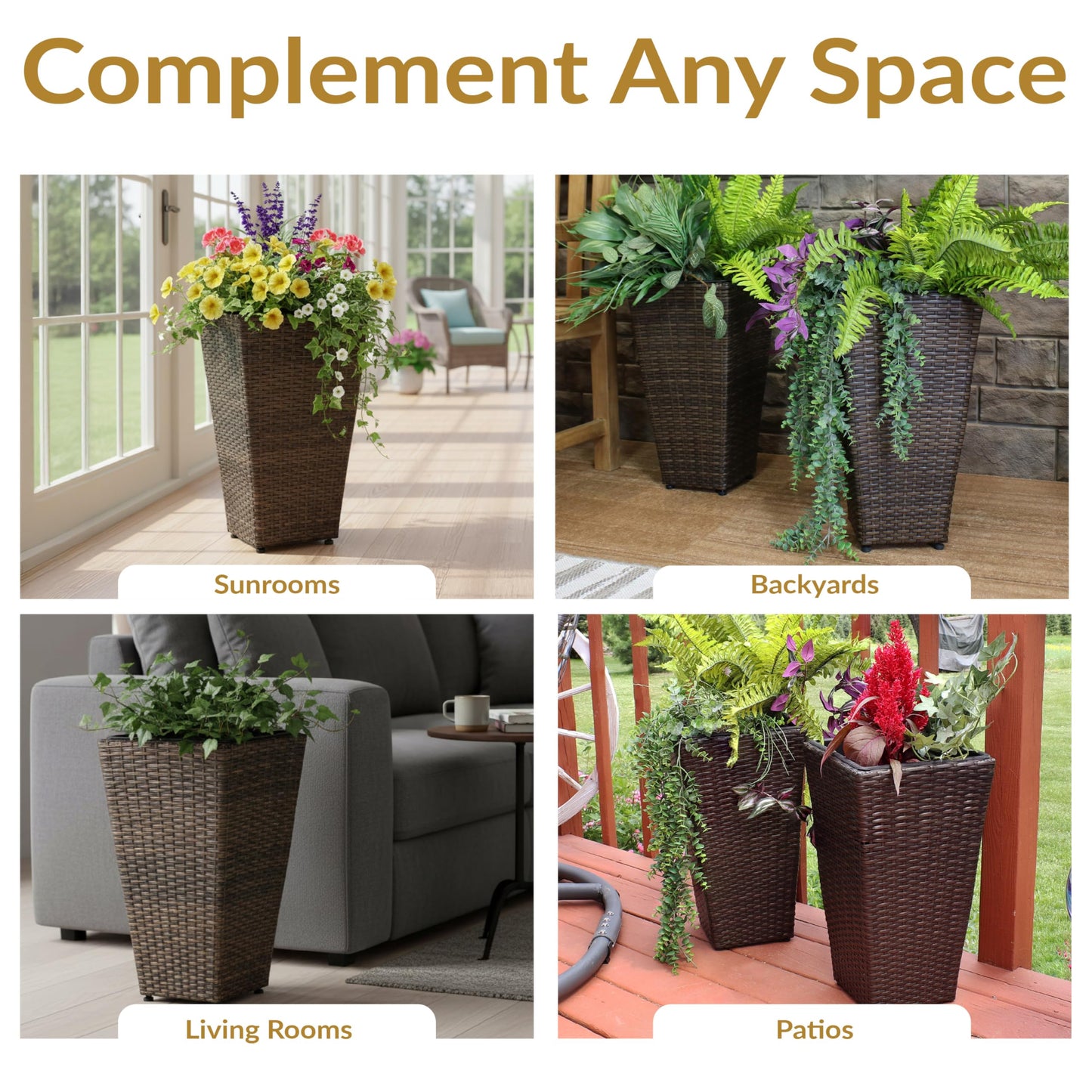 Sunnydaze Square Tall Wicker Outdoor Planter Set of 2 - Polyrattan Large Outdoor Planters for Porch, Patio or Garden - 20" Tall Plant Pots - Brown