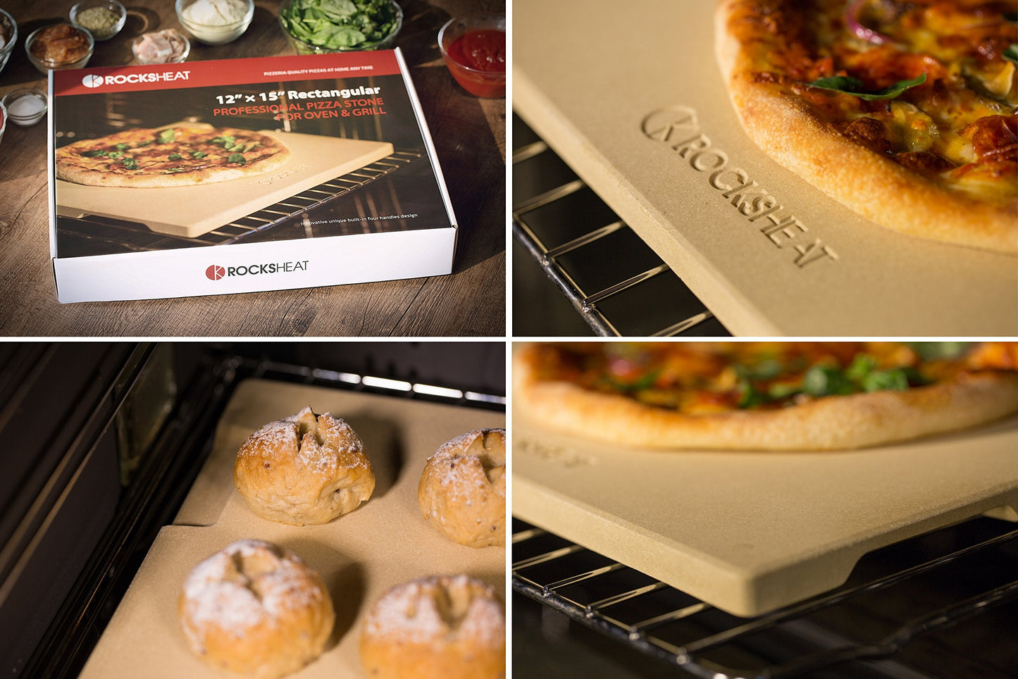 ROCKSHEAT Pizza Stone Bread Baking Stone 30 x 38cm Rectangular Stone for Oven and Grill Innovative Double-Sided Built-in Design with 4 Handles Pizza Stones