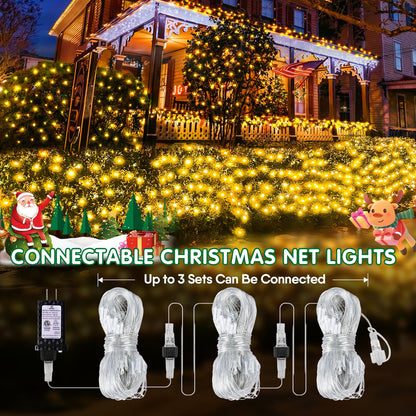 Hezbjiti Christmas Net Lights Outdoor 200 LED 6.9FT x 5.4FT Clear Wire with 8 Modes, Connectable Plug in Waterproof, Timer Memory Function for Xmas Tree Bushes Porch Lawn Windows Decor（Warm White）