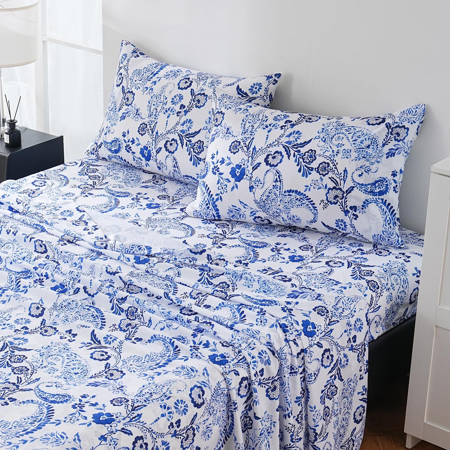 Yibeizi Queen Sheet Set Deep Pocket Queen Size Blue Floral Bed Sheets Set, Paisley Printed Soft Microfiber Oeko-Tex Sheets & Pillowcases Hypoallergenic Wrinkle Free Bedsheets