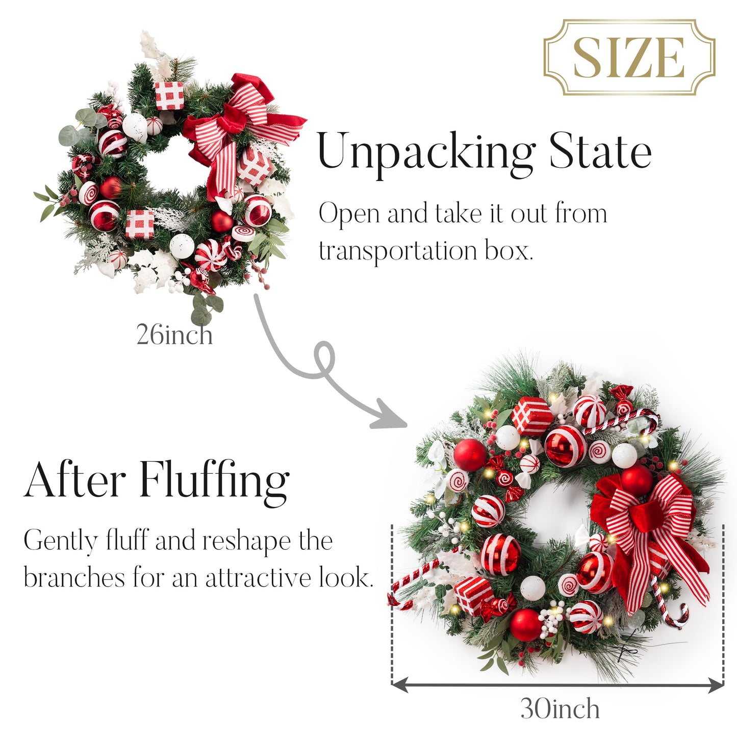 Valery Madelyn 30'' Pre-Lit Christmas Wreath for Front Door with Lights, Large Lighted Outdoor Christmas Wreath with Red White Xmas Balls & Bow for Home Porch Fireplace Window Holiday Wall Decor