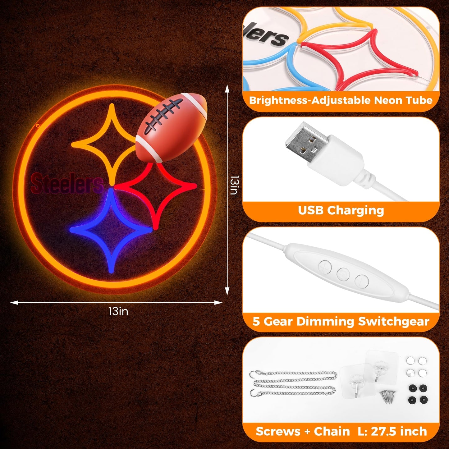 Football Team Neon Sign, Cool Dimmable Light Up Football Team Logo Hanging USB Powered for Wall Decor Art, Man Cave, Bedroom, Game Room Deco, Birthday Christmas Merch Gift for Boys Fans(Stealrs)
