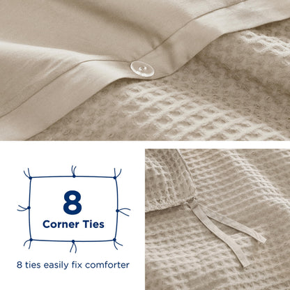 100% Egyptian Cotton Duvet Cover Set Queen Size, Waffle Weave Duvet Cover, 600 TC Soft Breathable Luxury Bedding Set for All Season, 3 PCS, 1 Duvet Cover and 2 Pillowcases, Light Beige, 90"x90"
