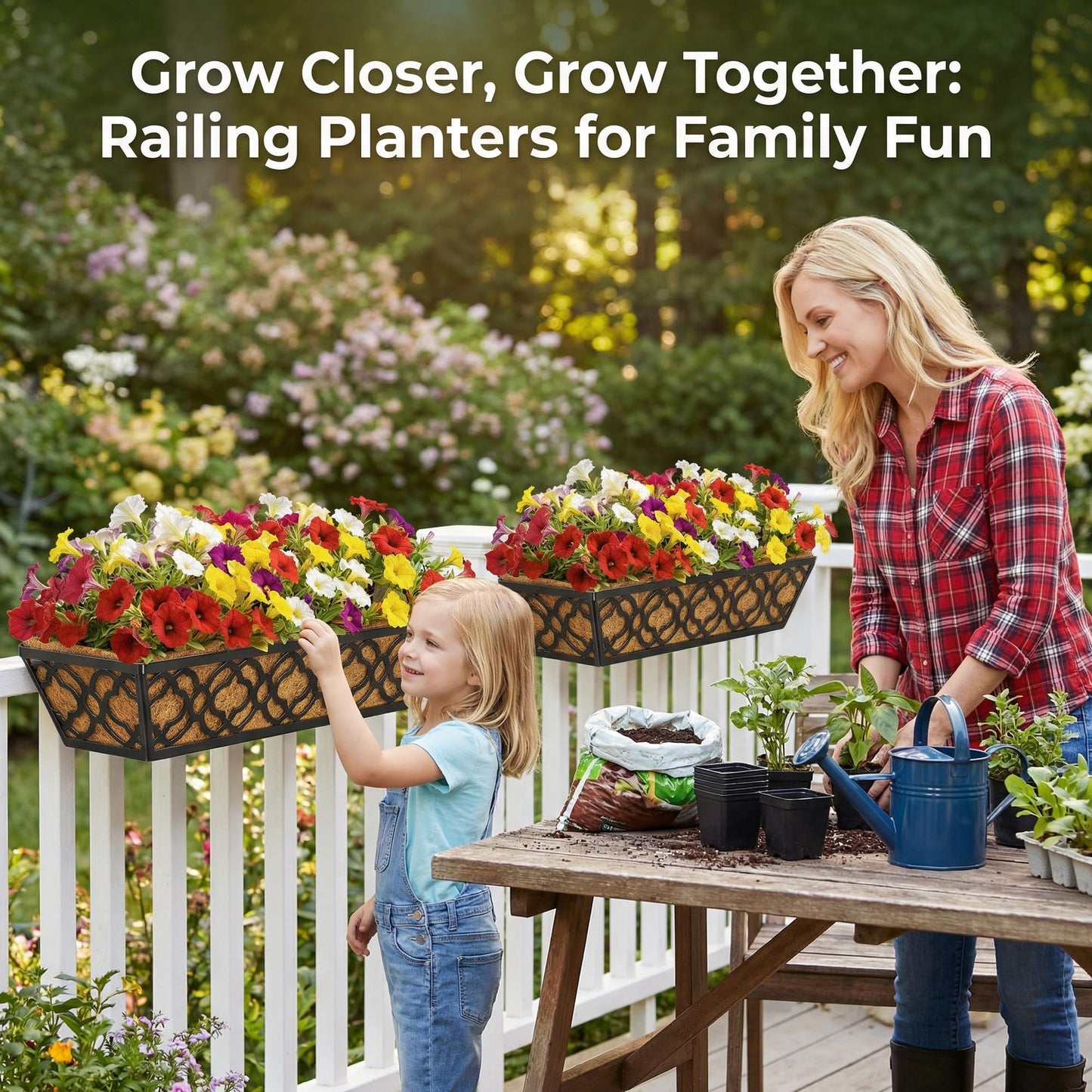 HFHOME 24 Inch Window Deck with Coco Liner, 24" Window Boxes Horse Trough with Coconut Coir Liner, Black Metal Hanging Flower Planter Basket Railing Planter for Outdoor Indoor Lawn - 2 Pack