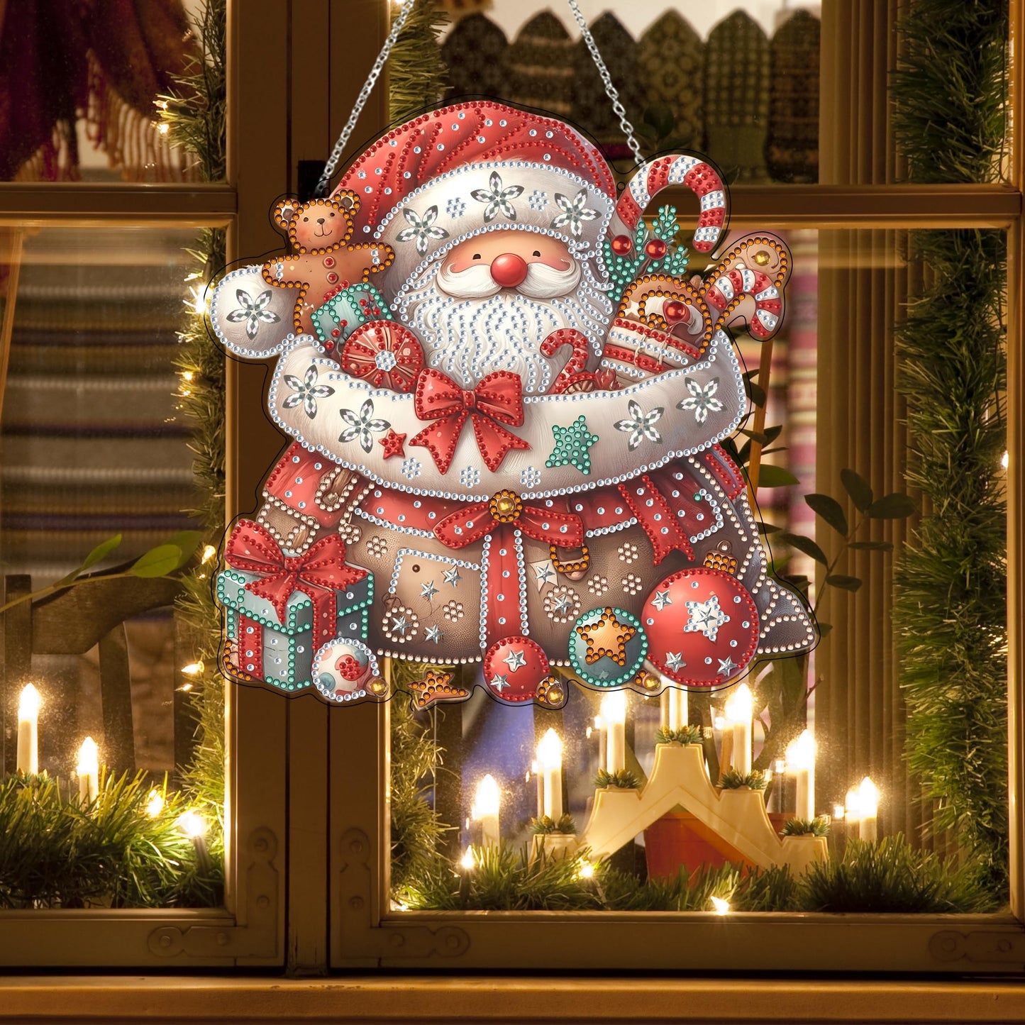 DIY Acrylic Diamond Art Painting Wreath Kits Special Shaped Rhinestone 5D Diamond Art Window Pendants Home Garden Wall Hanging Kits Hanging Ornament (Father Christmas)
