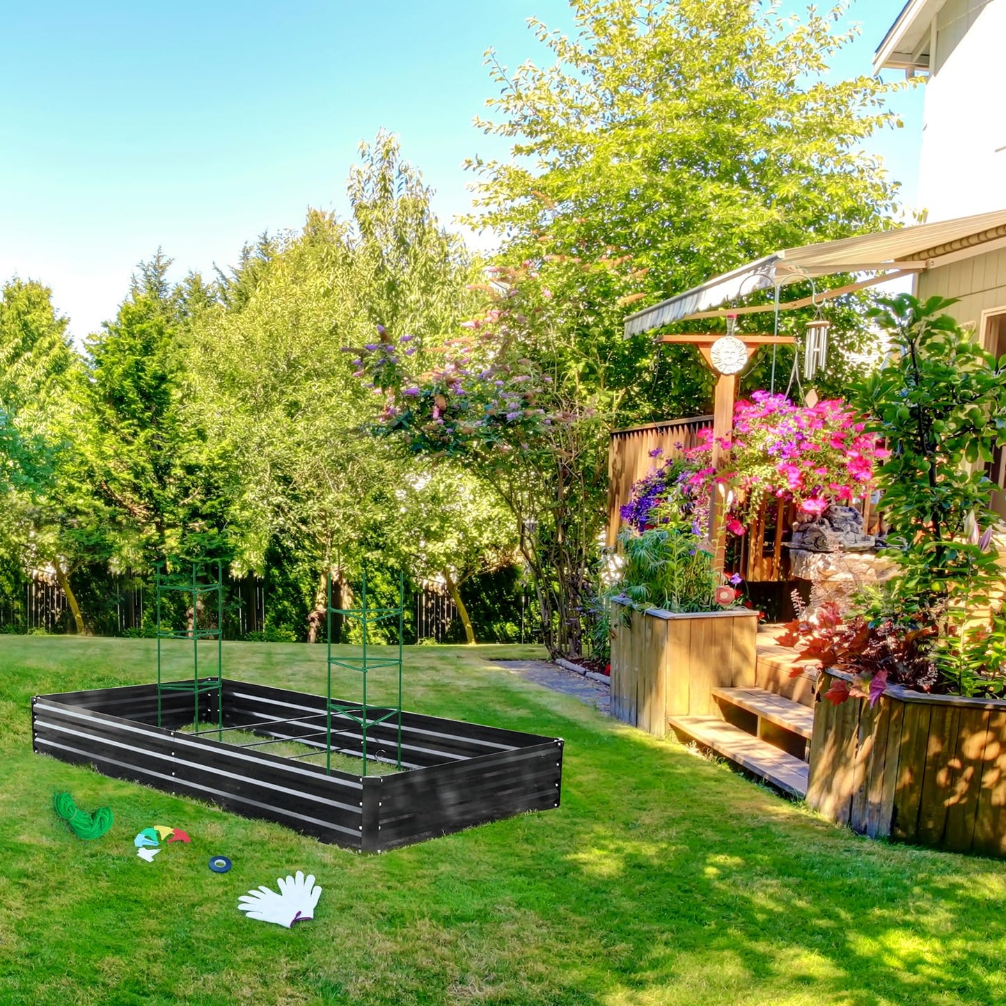 ONCEMORE Galvanized Raised Garden Bed for Vegetables Flowers Herbs, Metal Raised Garden Bed Kit with 2 PCS Tomato Cage, Gloves, Trellis Netting, Plant Labels, Plant Ties, Black 6×3×1FT
