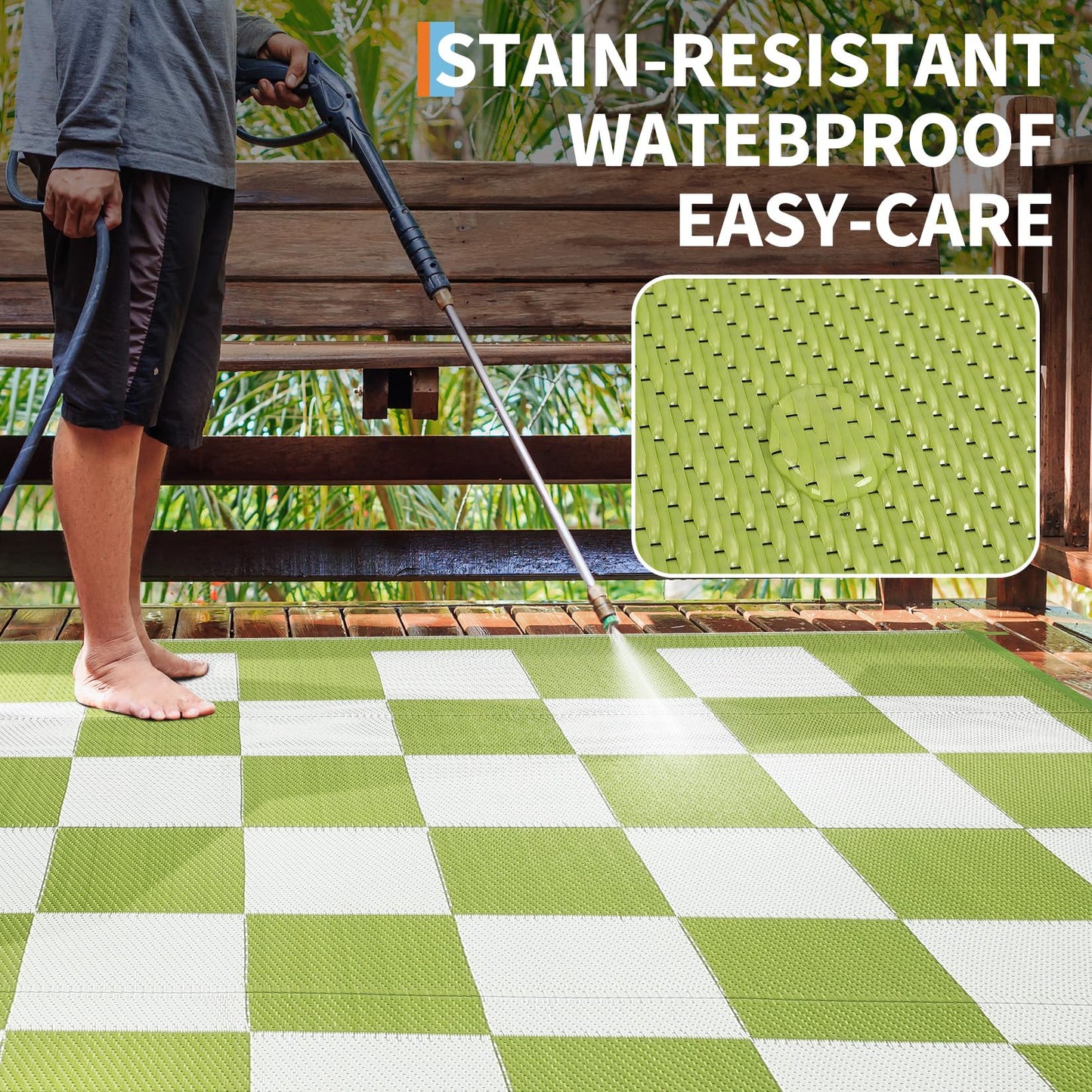 Garvee Outdoor Plastic Straw Rug 9x18 Waterproof UV Resistant Patio Camping Rug Modern Checkered Large Foldable Floor Mat for Camping, Picnic, Backyard, RV, Beach, Picnic, Deck, Green/White