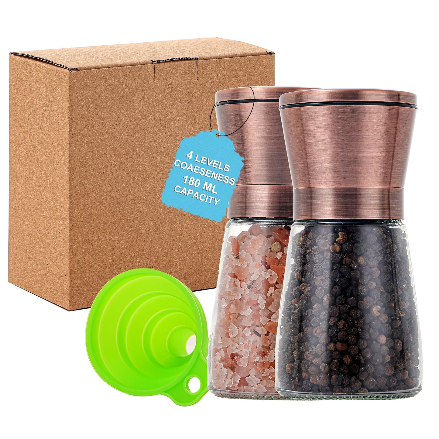 DAVIMADE Short Copper Salt and Pepper Grinder Set of 2，Refillable Adjustable Coarseness Stainless Steel Glass Bottle, Pepper Mills W/Funnel for Kitchen
