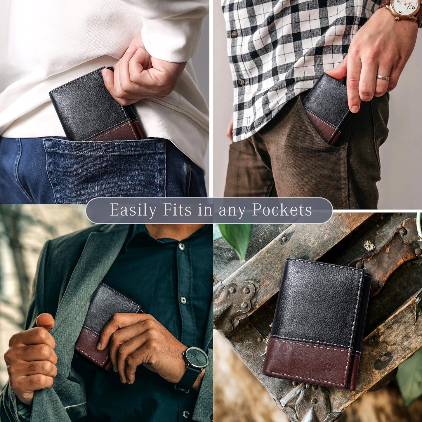 LUXEORIA Leather Wallet for Men, Handcrafted Travel Wallet, Minimalist Mens Slim Trifold Wallet, Anti-Theft RFID Blocking Wallet for Men's, Tri-fold - Black&Brown