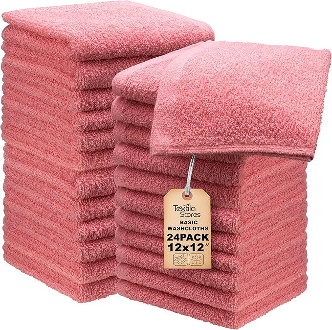 Basic Wash Cloths 12x12 Inches – Bulk Pack of 24 – Rose Pink Color – Soft and