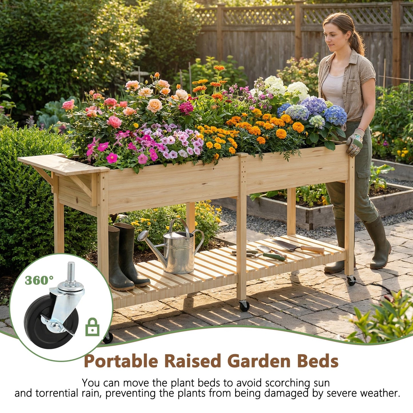 Cakhdry Raised Garden Bed with Legs and Wheels, Self-Watering System, 72x24x30in Elevated Planter Box with Storage Shelf & Liner for Flowers Vegetables Herbs, Raised Bed for Outdoor/Balcony/Patio