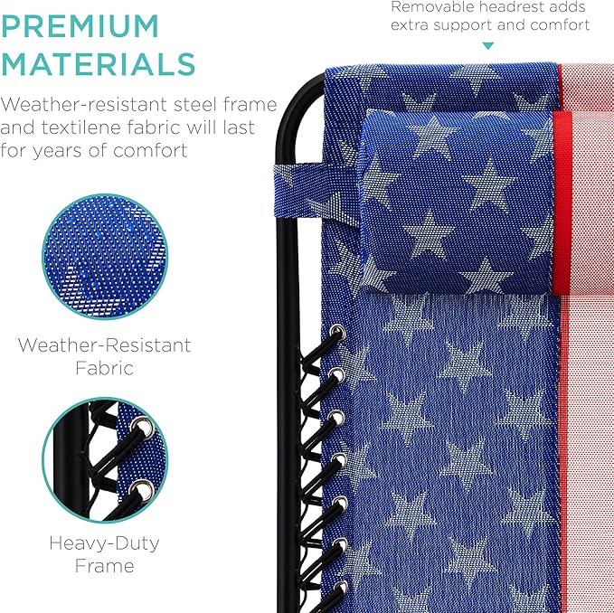 Best Choice Products Set of 2 Adjustable Steel Mesh Zero Gravity Lounge Chair Recliners w/Pillows and Cup Holder Trays - American Flag