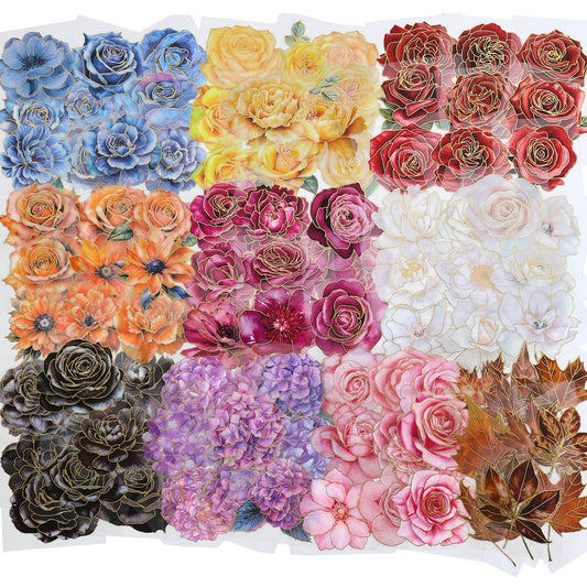100 PCS Large Size Flowers Sticker with Gold Holographic Outlines for Journaling Supplies, Watercolor Floral Sticker for Scrapbooking, Aesthetic Room Decor Junk Journal Bullet Journals Collage