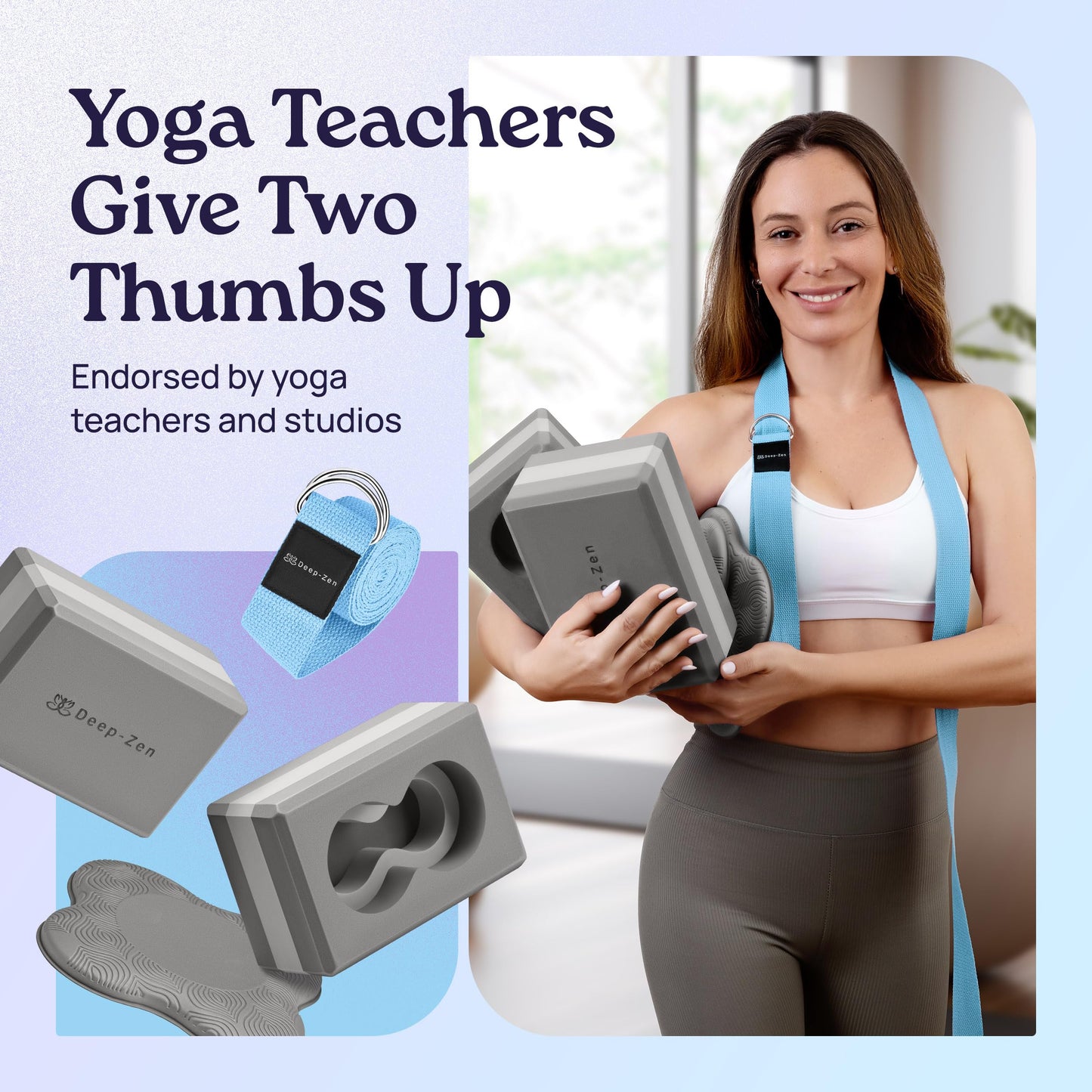Deep-Zen® Yoga Blocks Wrist Support; Yoga Blocks 2 Pack with Knee Pads and Strap to Put Less Weight on Wrists; Durable, Versatile Yoga Brick Exercise Block Set, Blocks Yoga