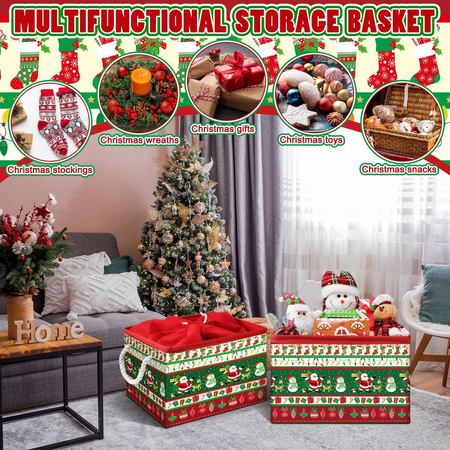 Acellegic 4 Pcs Large Christmas Storage Basket 15 x 10 x 9.5 Inch Foldable Christmas Storage Bins with Handles & Drawstring Lid Xmas Bins Cotton Laundry Organizer for Holiday Bedroom Home(Classic)