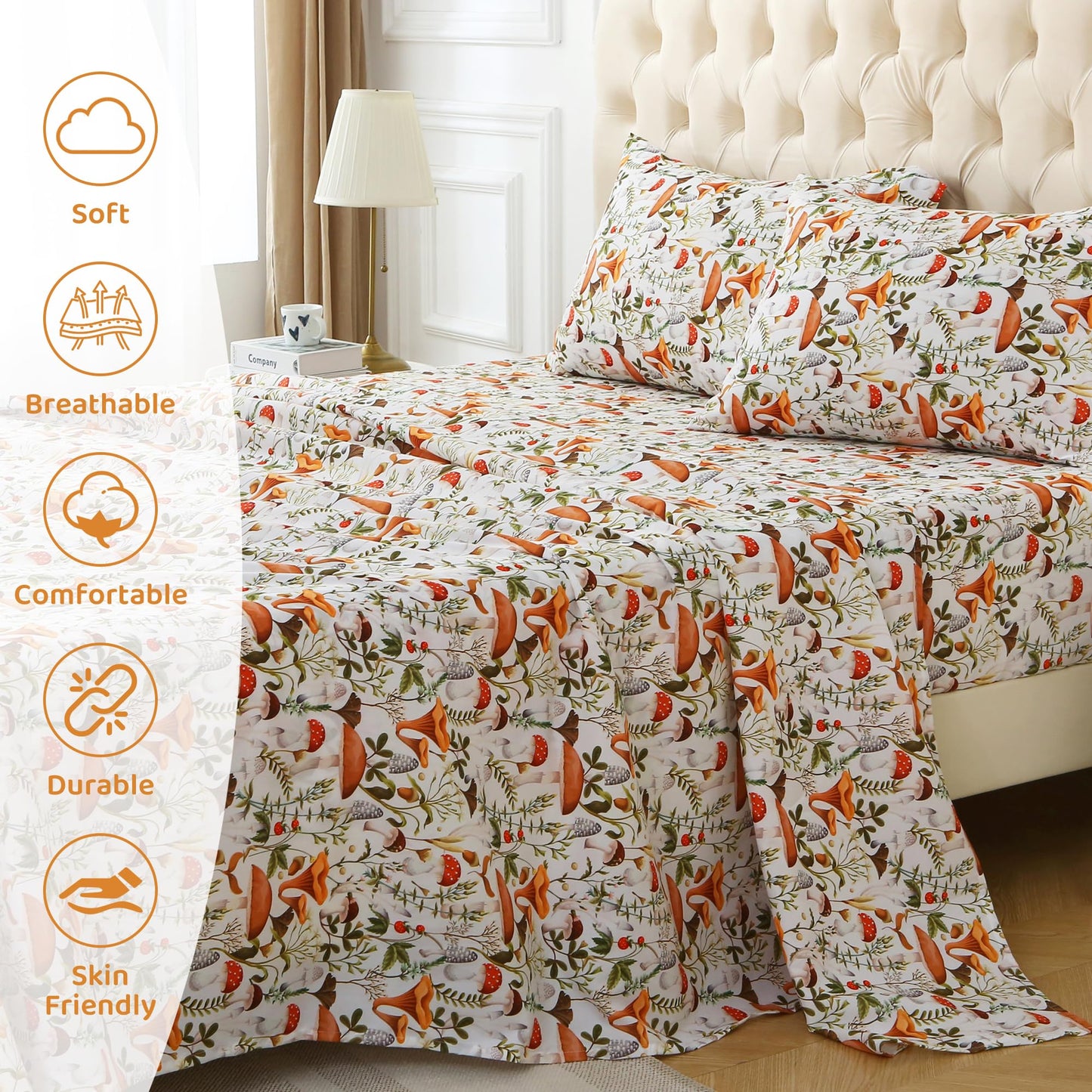 Mooreeke Cozy Vintage Microfiber Printed Queen Sheet Set - Soft & Breathable Percale Mushroom Forest Bed Sheets with Extra Deep Pocket - Non-Slip Fitted Design - Jungle Mushroom Leaves Pattern - Queen