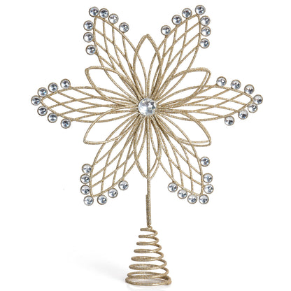 Ornativity Jewel Flower Tree Topper - Gold Glitter Sparkling Metal Wire Star Flower Topper with Sparkly Gem Jewel Finish Holiday Christmas Tree Top Decor Xmas Ornament Decoration