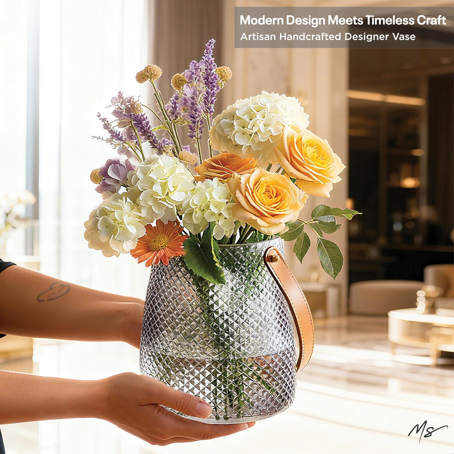 Nordic Handcrafted Crystal Glass Flower Vase with Vegan Leather Handle – Smoke Gray Diamond Textured – Modern Decorative Centerpiece for Dining Table, Coffee Table & Luxury Home Decor