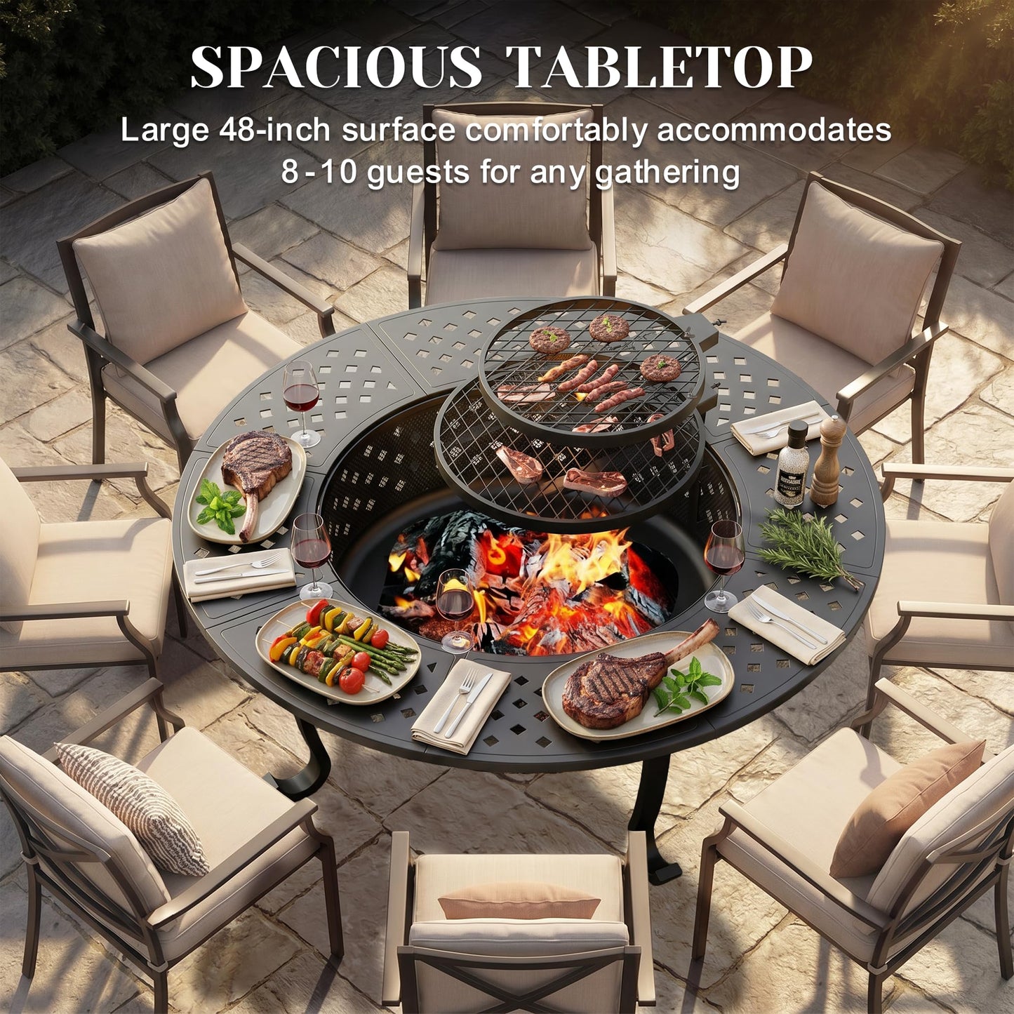 Outdoor Fire Pit, 48" Fire Pit for Outside Wood Burning with Adjustable 2 Grills, Firepit with Lid and Fire Poker, BBQ, Bonfire, Round Outdoor Fireplace 3 in 1 for Patio, Backyard, Garden, Camping