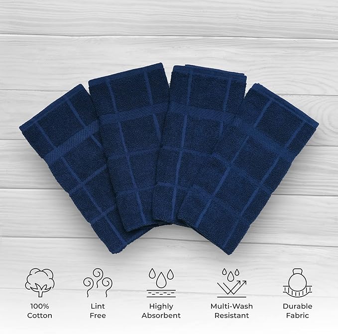 100% Cotton Terry Dish Towels for Kitchen, 4 Pack Plain, 16 x26 Inches