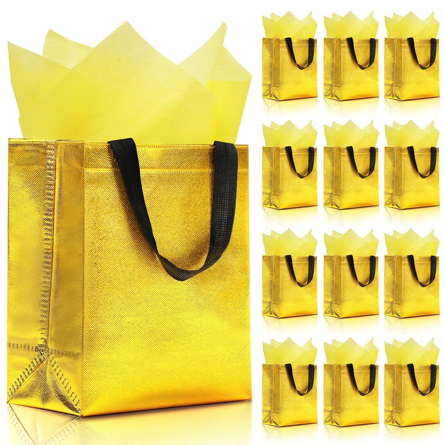 KeerxunBag 12pcs Reusable Gift Bags（Includes Tissue Paper） Gift bag with handle Birthdays Parties Holidays Weddings Medium 10x4x8in gold color Gift Bags