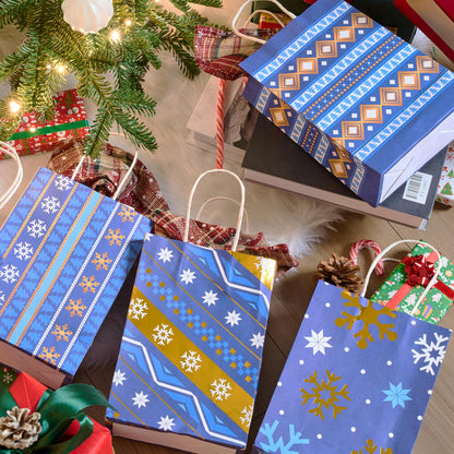 JOYIN 24 PCS Christmas Kraft Gift Bags Xmas Holiday Present Wrapping Paper Goody Bags with Handles for Classrooms and Wedding Decor, Party Favors and Decor Supplies (Blue, 8.27" x 5.91" x 3.15")