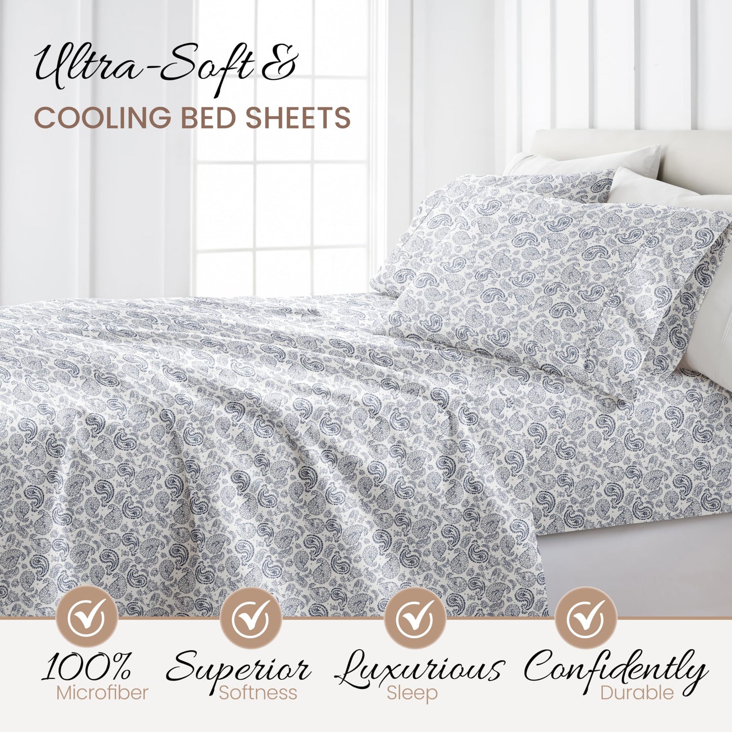 Linen Market Patterned Microfiber King Sheet Set 4 Piece – Oeko-TEX Certified Ultra Soft & Wrinkle-Free - 16" Deep Pocket Sheets - Easy Care King Size - Coarse Paisley Navy