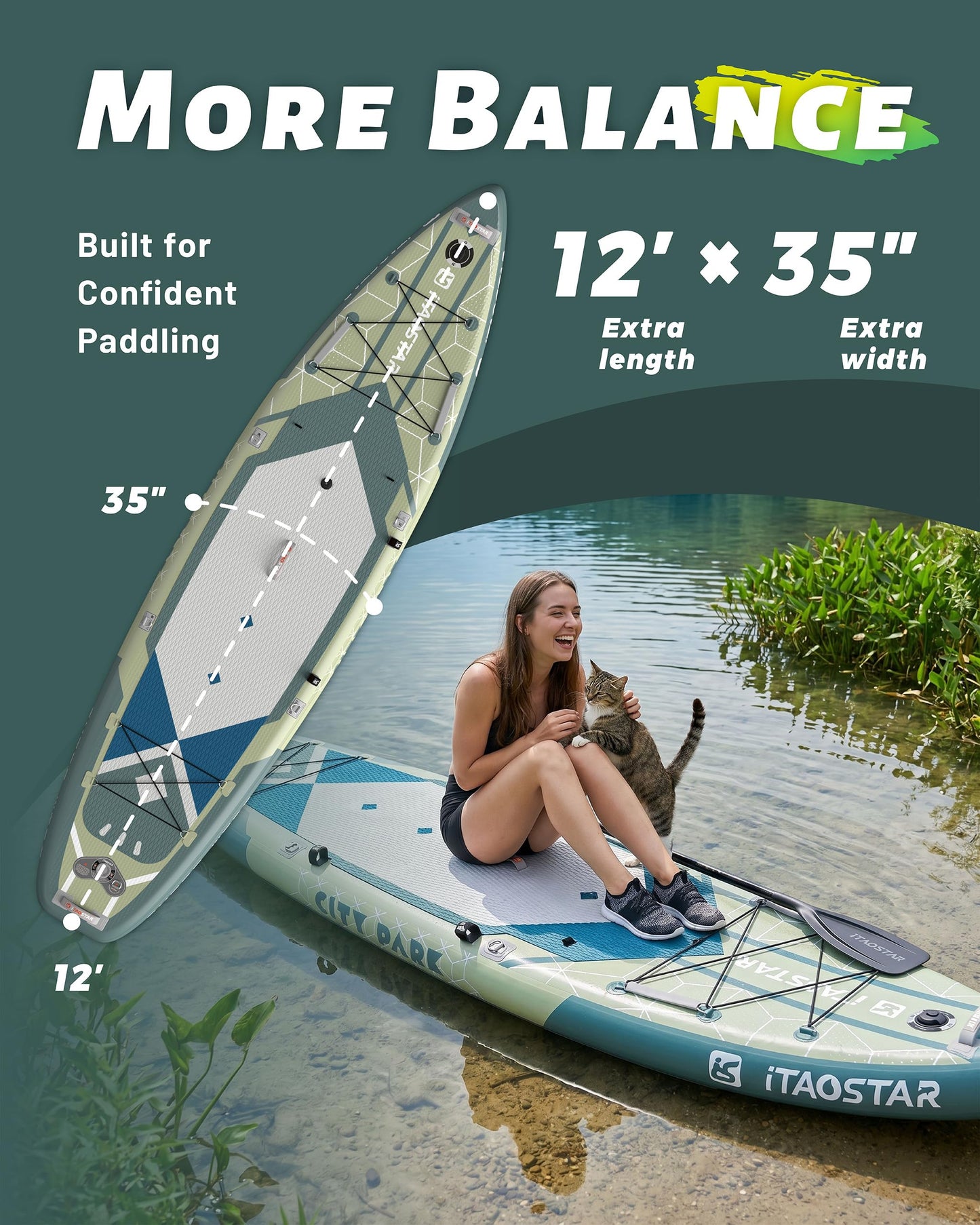 iTAOSTAR C03EP 35" Wide Paddle Board, More Fun Inflatable SUP Board with 5 Fins，12 Foot Stand Up Paddle Board with Premium SUP Accessories for Adults of All Skill Levels