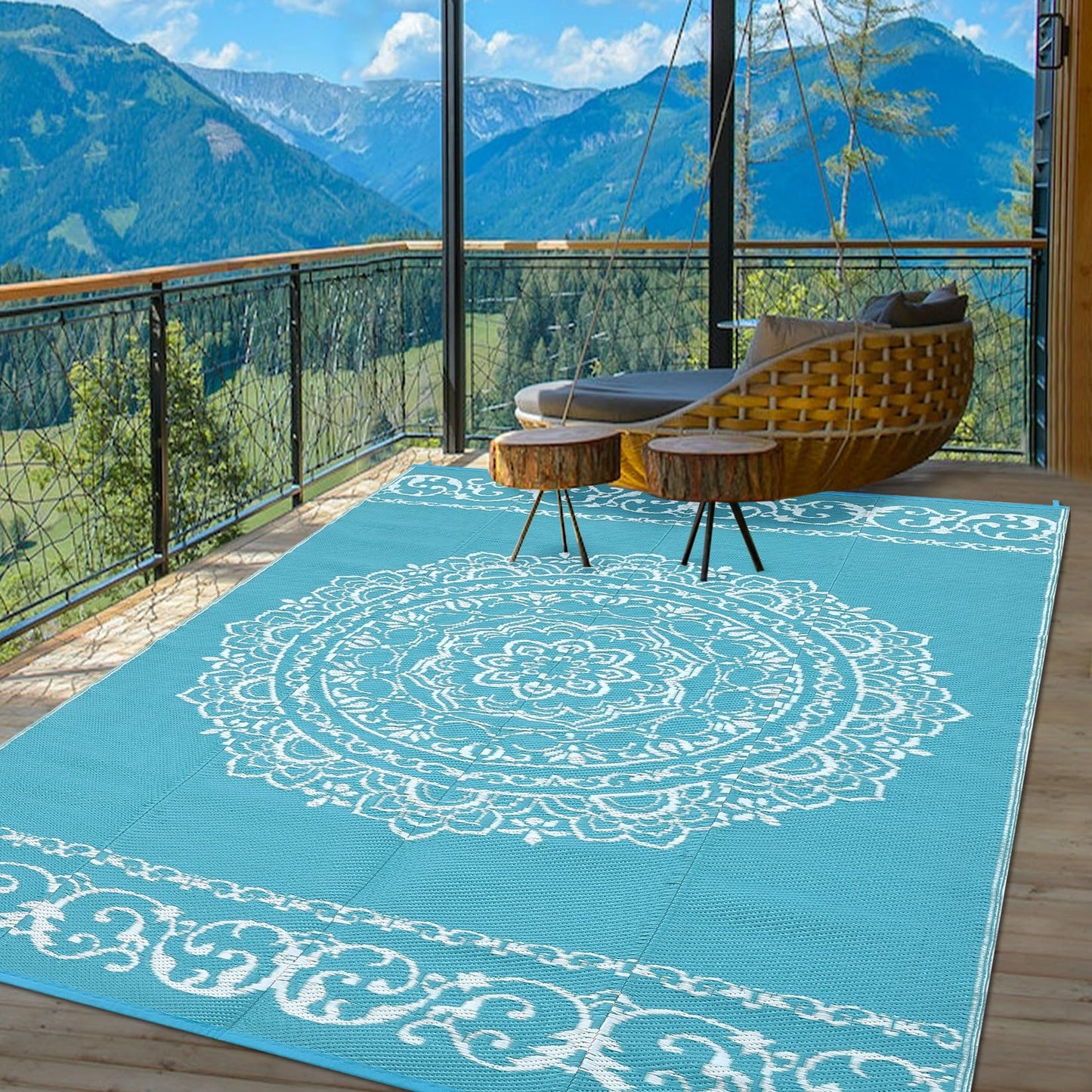 GlowSol Outdoor Rug 9x18 ft, Reversible Waterproof Outdoor Plastic Straw Rug, Oriental Medallion Patio Rug, Large Outdoor Carpet, RV Mat Outside for Patio, Camp, Picnic, Balcony, Deck, Backyard,Blue