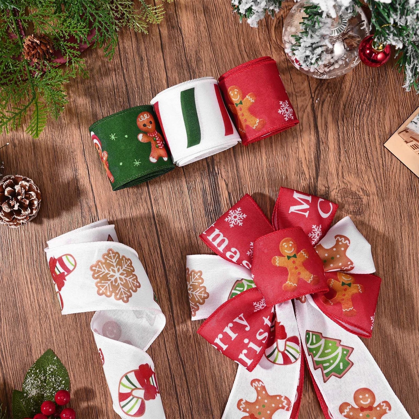 Gingerbread Christmas Wired Ribbons - 20 Yards, 2.5 Inch, Candy Cane, Gift Wrapping, DIY Bows & Wreath Decorations