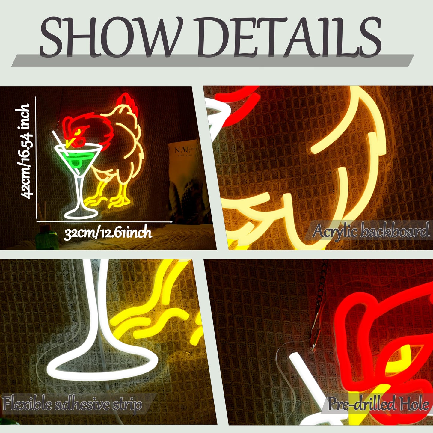 Chicken Cocktail Neon Sign Dimmable Martini Chicken Neon Light LED Rooster Animal Light Sign for Wall Decor Kitchen Bar Club Party