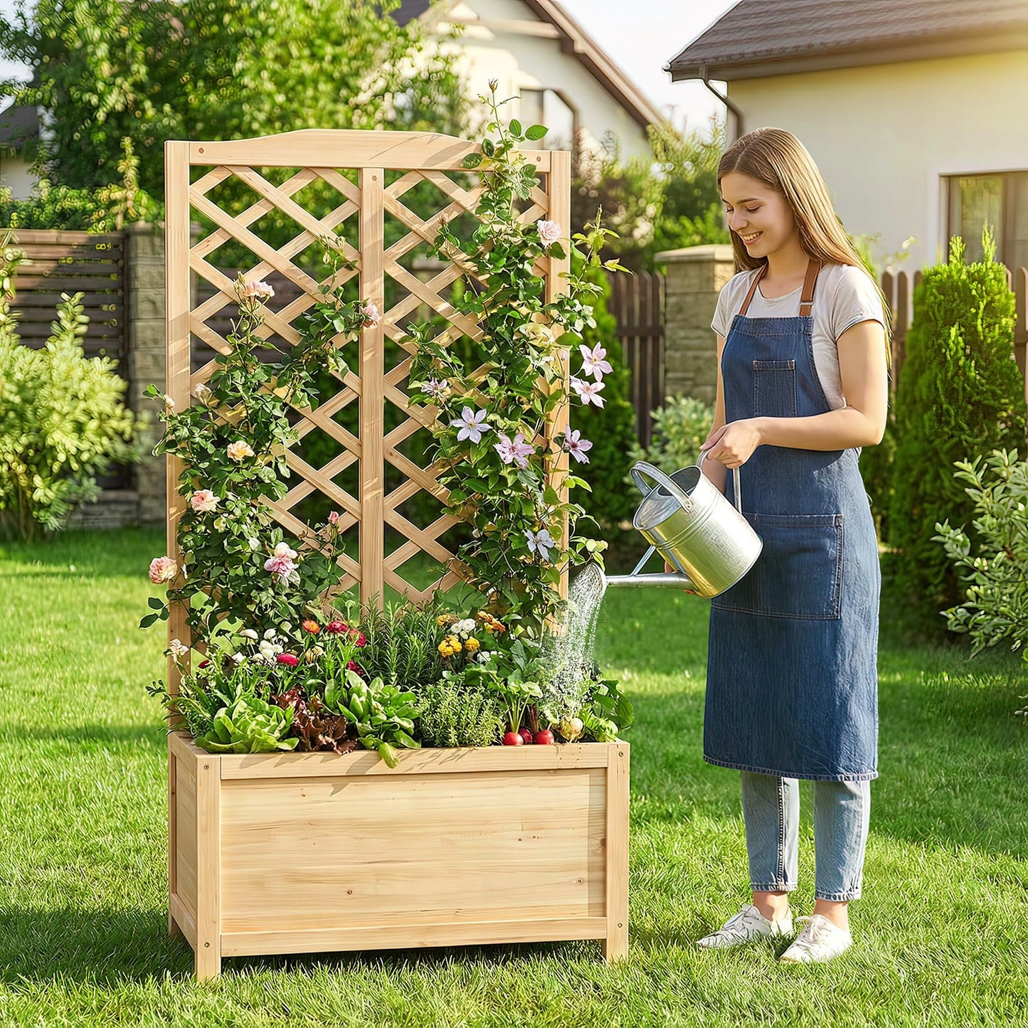 UrGROWA Wooden Raised Garden Bed with Trellis, Freestanding Planter Box with Drainage for Vines Climbing Plants Flowers Herbs, Elevated Gardening Planter for Backyard Balcony Patio
