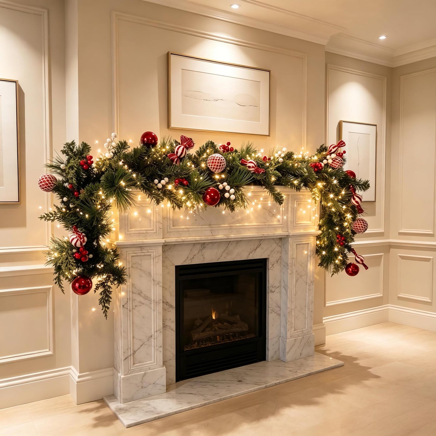 HipTree 6FT Christmas Garland with Light String, Red White Candy Cane Shatterproof Ball Ornament Garland with Berries for Mantel Fireplace Staircase Table Indoor Outdoor Winter Holiday Decor