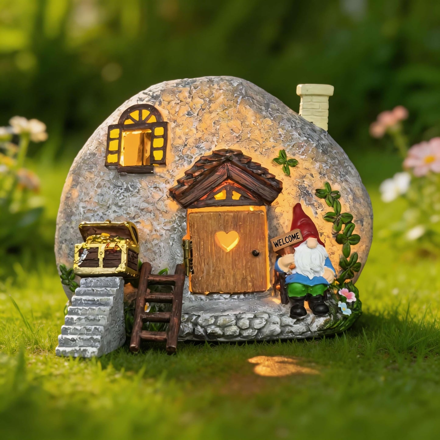 QCF Fairy Garden Accessories Gnome House 4 Pcs Kit, Solar Statues with Openable Door for Yard Lawn Patio, Resin Stone Houses, Treasure chest, staircase, ladder Figurines, Birthday Gifts Idea for Women