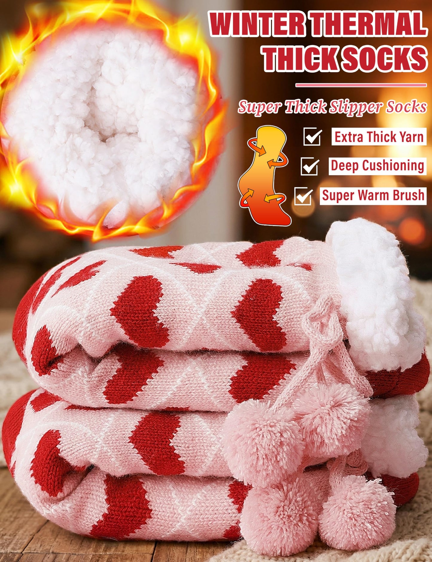 MOGGEI Fuzzy Slipper Socks for Women Galentines Day Gifts Fluffy Thermal Warm Winter Thick Cozy Non Slip Grips Plush Cabin Comfy Heart Socks Stocking Stuffers