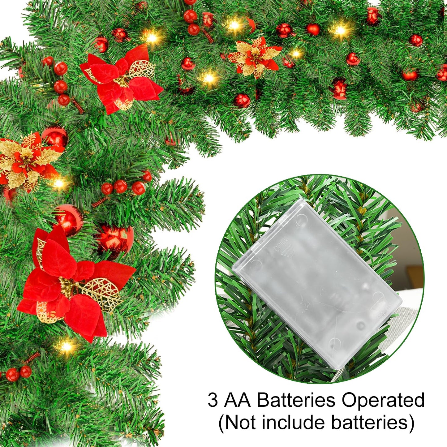 9FT Prelit Artificial Christmas Garland with Lights: Greenery Garland Decoration with 30 Warm LED Lights - Xmas Garland for Office Fireplace Mantle - Christmas's Day Indoor Outdoor Holiday (Garland3)