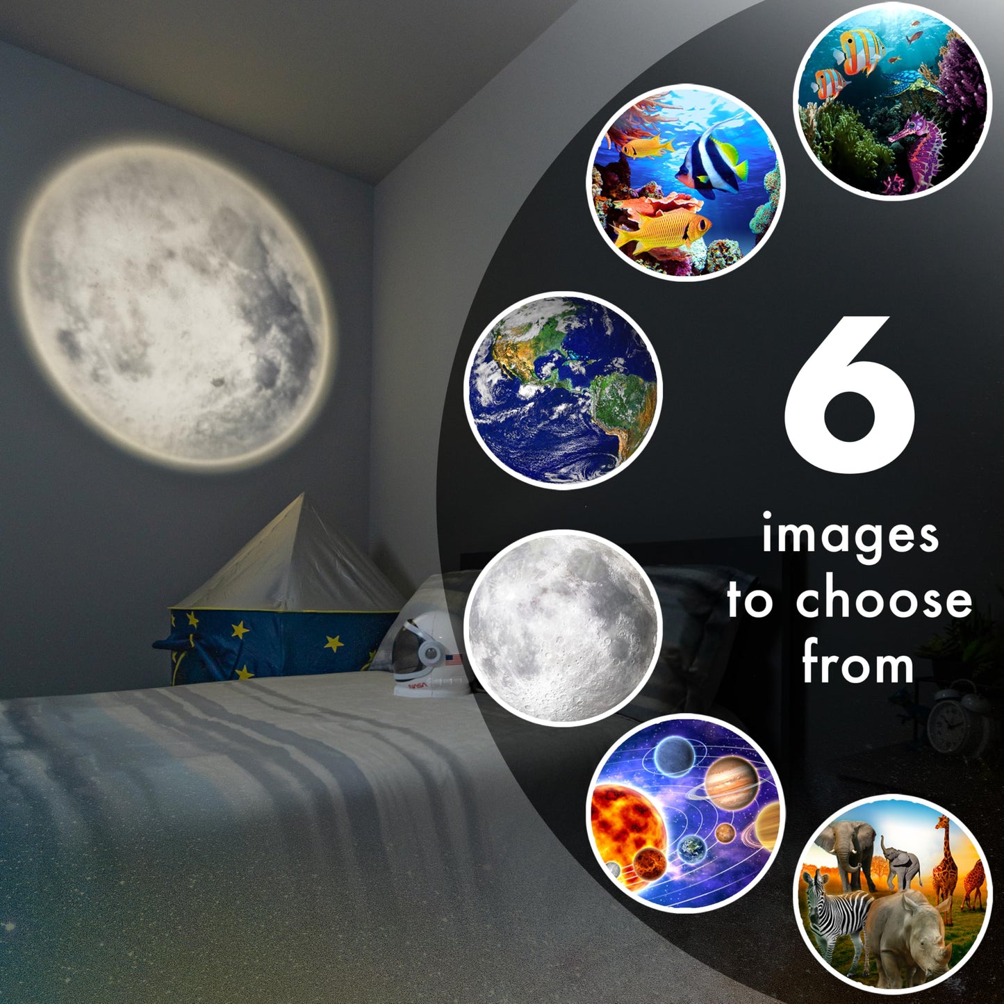 Projectables Six Image LED Plug-In Night Light, Light Sensing, Auto On/Off, Projects Solar System, Earth, Moon, Safari, Aquarium, and Coral Reef on Ceiling, Wall, or Floor 13347
