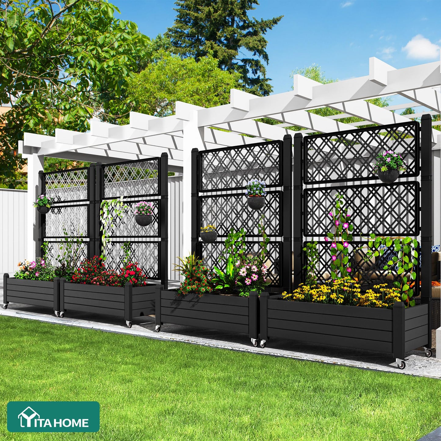 YITAHOME 43.3x17.7x61 in Planter Trellis Box with Wheels & Drain Plug, Outdoor Resin Raised Garden Bed for Climbing Plants, Large Weather-Resistant Design, Black
