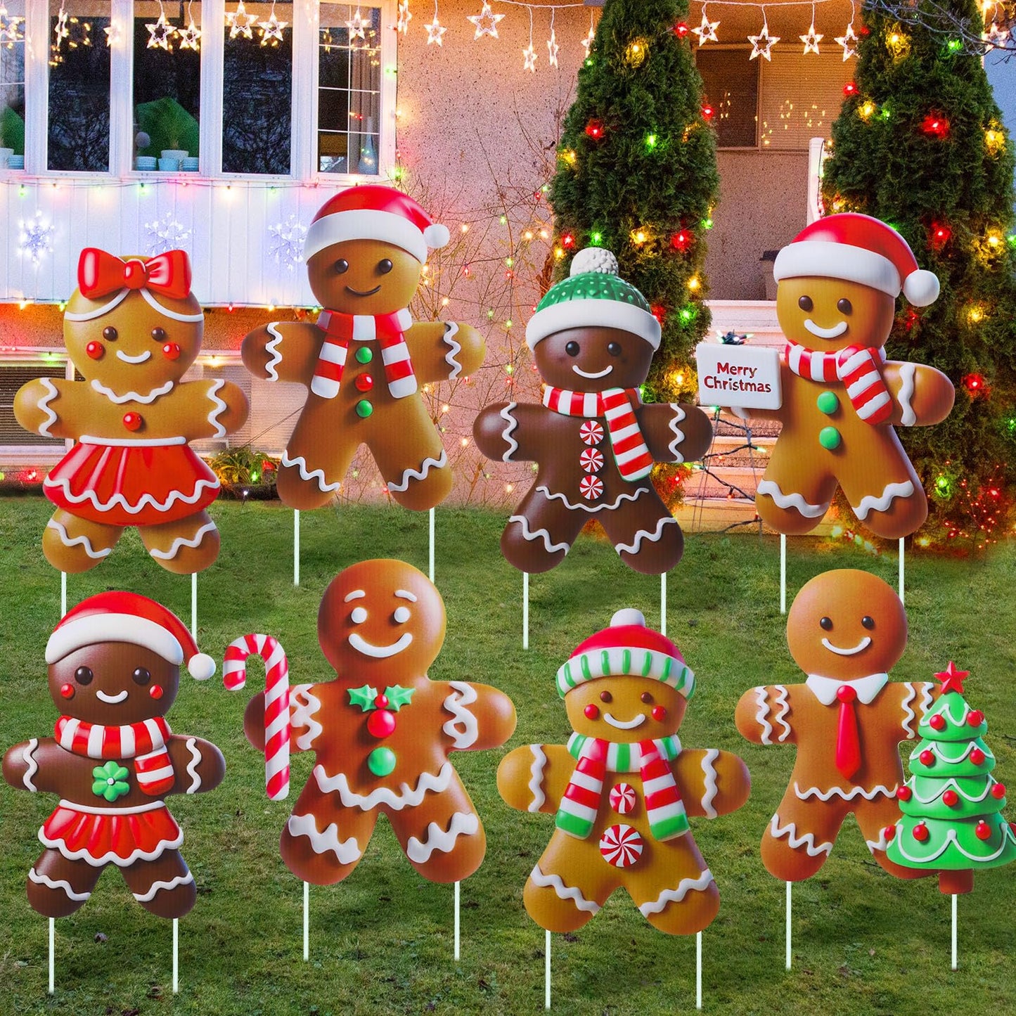 Memorywuu 8 Pcs Christmas Gingerbread Man Yard Signs with Stakes Outdoor 3D Gingerbread House Decoration Xmas Yard Stakes Lawn Signs for Christmas Holiday Pathway Garden Patio Party Favors(Classic)