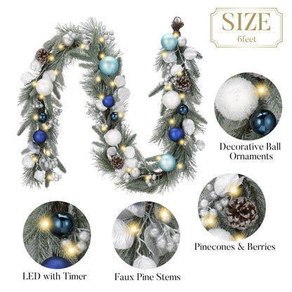 Valery Madelyn 6 Ft Pre-Lit Christmas Garland with Lights for Mantle, Lighted Outdoor Xmas Garland with Silvery Blue Balls Norfolk Pine for Home Stairs Fireplace Table Centerpiece Indoor Holiday Decor