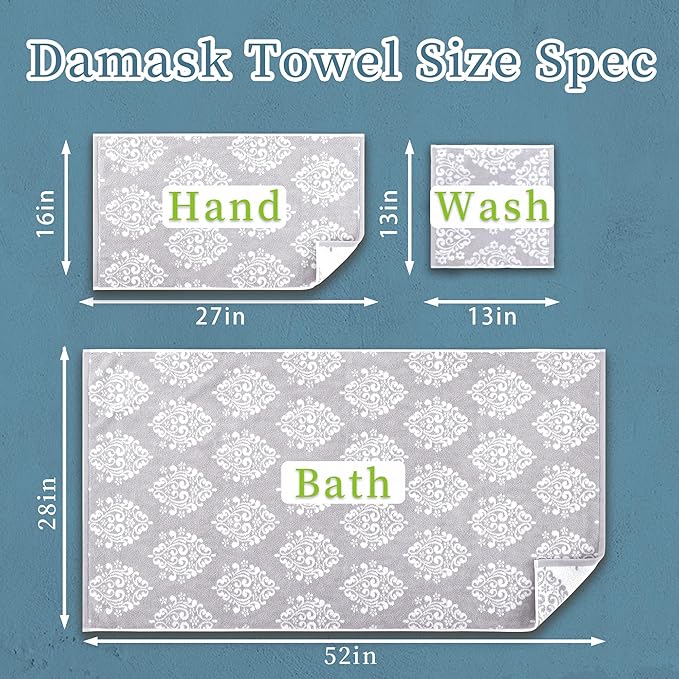 Grey Pattern Bath Towels, Quick Dry Bath Towel, Damask Jacquard Shower Towel