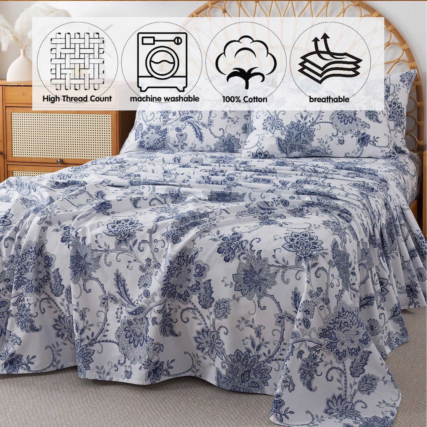 FADFAY Cal King Sheets Set Percale Cotton Floral Bed Sheets Deep Pocket Fitted Sheet, Luxury Blue Floral Pattern Classic European Style Bedding for All Season,Super Soft Crisp & Breathe,4Pcs