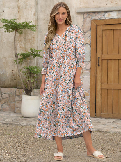 ANRABESS Women's Boho Maxi Dresses 2025 Summer Casual V Neck Puff Sleeve Floral Tiered Flowy Swing Beach Vacation Long Dress