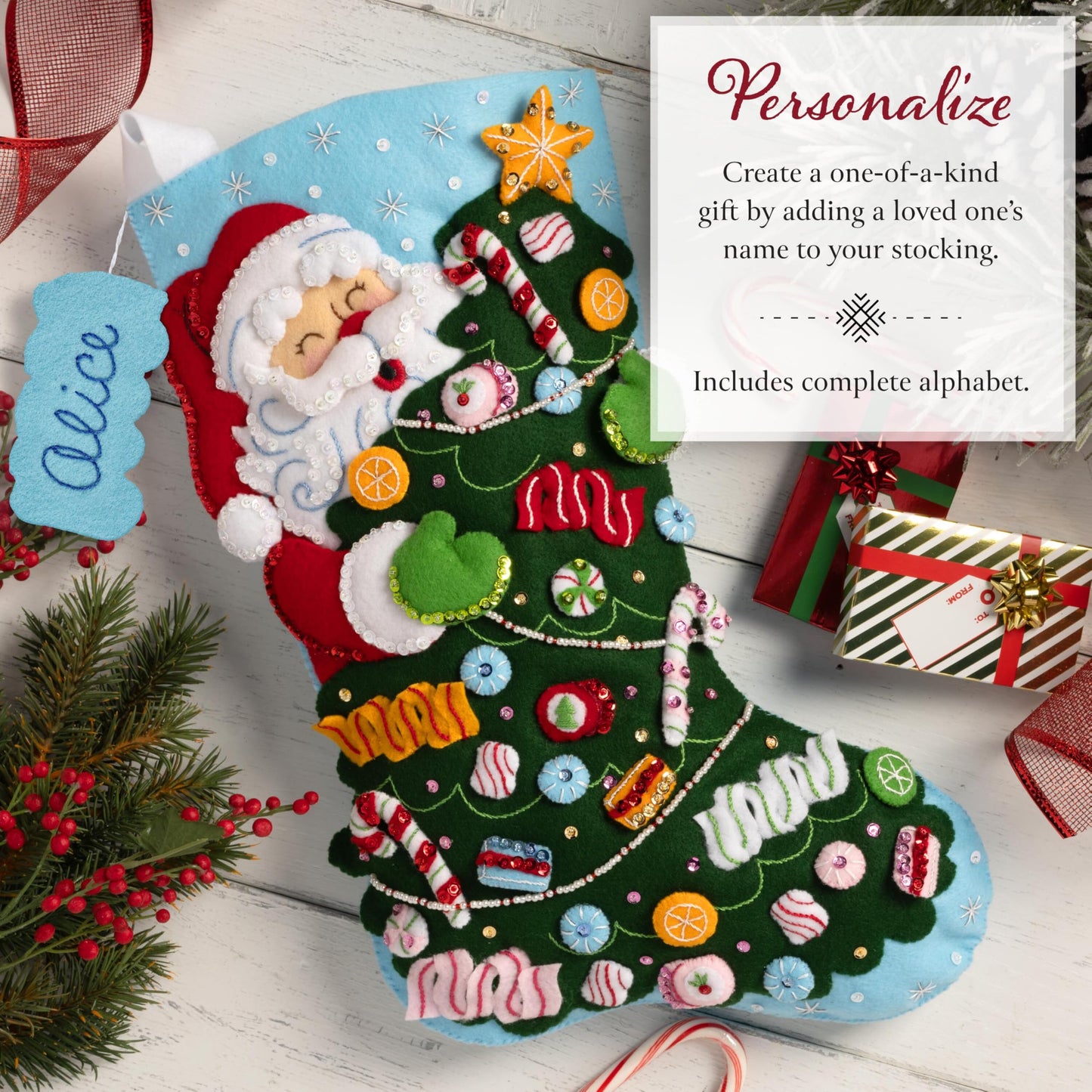 Bucilla Felt Applique 18" Stocking Making Kit, Santa's Candy Christmas, Perfect for DIY Arts and Crafts
