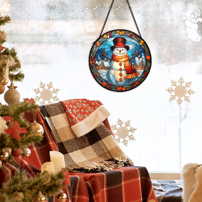 cvjutf Christmas Snowman Suncatcher Stained Glass Window Hanging Decor, Winter Snowman Stained Glass Wall Decor, Christmas Garden Sun Catchers Indoor Window Hanging Wall Art, 7.9x7.9In