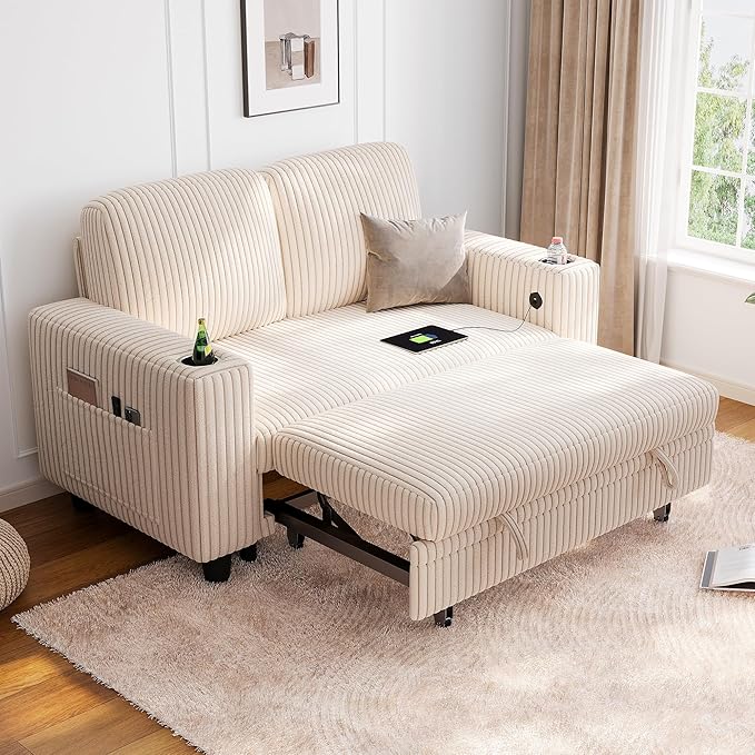 LINSY HOME Sectional Sleeper Sofa Bed, Corduroy Pull Out Couch