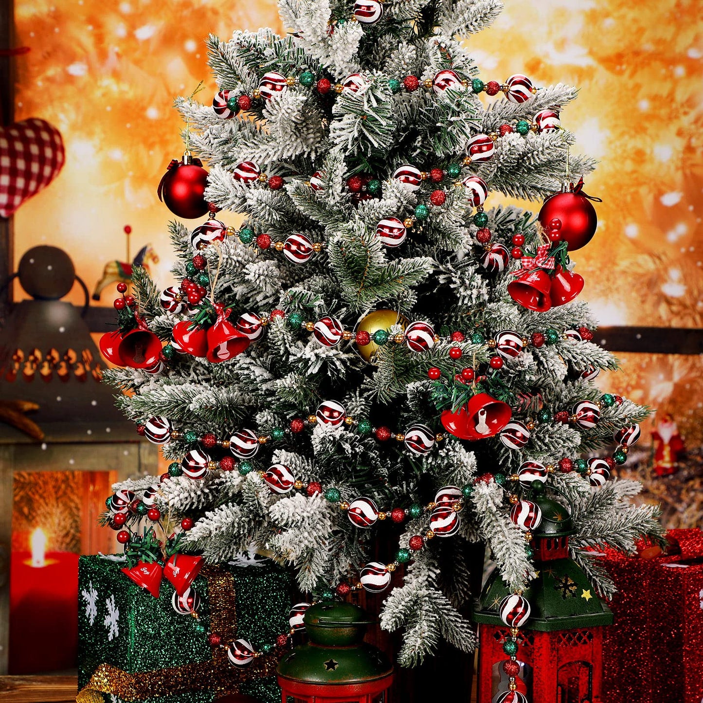 Jetec 16 ft Christmas Ball Garland Ornament Red White Green Stripe Candy Beaded Ball Ornament Hanging for Christmas Tree Retro Party Decorations